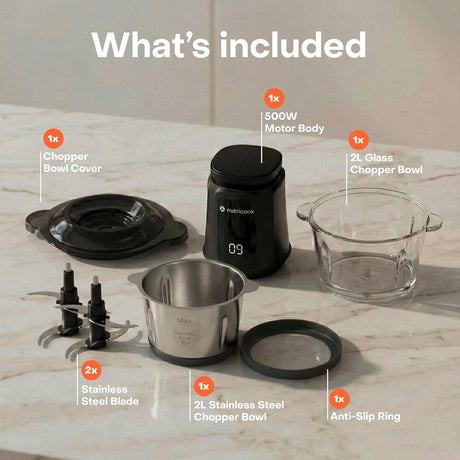 Nutricook 2+2 L XXL Glass & SS Chopper and Mincer,500W - Pulse & 2 speeds, 2 - Removable 4 SS - Blade for Chopping, Ice Crushing, Meat Mincing, Grinding, Pureeing & more - BLk - Al Kabayel Discount CentreNutricook 2+2 L XXL Glass & SS Chopper and Mincer,500W - Pulse & 2 speeds, 2 - Removable 4 SS - Blade for Chopping, Ice Crushing, Meat Mincing, Grinding, Pureeing & more - BLkBlenders, Mixers & Food ProcessorsNUTRICOOKAl Kabayel Discount Centre
