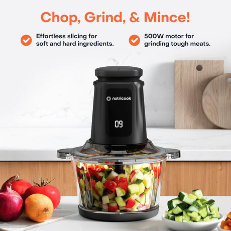 Nutricook 2+2 L XXL Glass & SS Chopper and Mincer,500W - Pulse & 2 speeds, 2 - Removable 4 SS - Blade for Chopping, Ice Crushing, Meat Mincing, Grinding, Pureeing & more - BLk - Al Kabayel Discount CentreNutricook 2+2 L XXL Glass & SS Chopper and Mincer,500W - Pulse & 2 speeds, 2 - Removable 4 SS - Blade for Chopping, Ice Crushing, Meat Mincing, Grinding, Pureeing & more - BLkBlenders, Mixers & Food ProcessorsNUTRICOOKAl Kabayel Discount Centre
