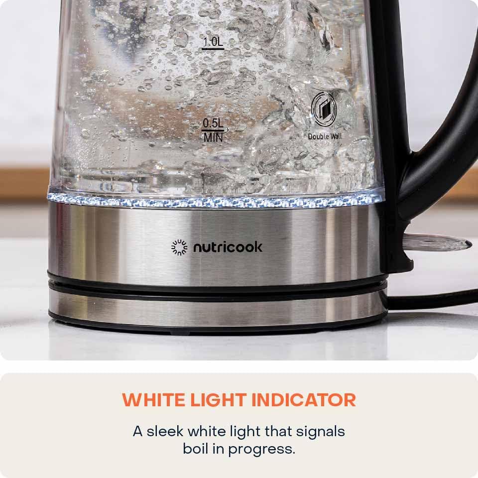 Nutricook Glass Kettle 2200W, 1.7L, Double wall Cool touch exterior, Auto Shut Off, Boil dry Protection, LED Indicator, 360° swivel base, Power Cord Storage - Al Kabayel Discount CentreNutricook Glass Kettle 2200W, 1.7L, Double wall Cool touch exterior, Auto Shut Off, Boil dry Protection, LED Indicator, 360° swivel base, Power Cord StorageElectric KettlesNUTRICOOKAl Kabayel Discount Centre