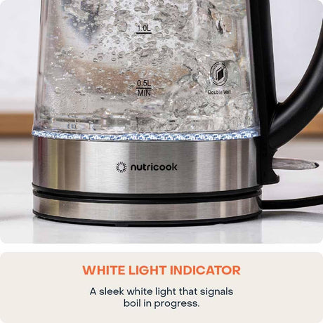 Nutricook Glass Kettle 2200W, 1.7L, Double wall Cool touch exterior, Auto Shut Off, Boil dry Protection, LED Indicator, 360° swivel base, Power Cord Storage - Al Kabayel Discount CentreNutricook Glass Kettle 2200W, 1.7L, Double wall Cool touch exterior, Auto Shut Off, Boil dry Protection, LED Indicator, 360° swivel base, Power Cord StorageElectric KettlesNUTRICOOKAl Kabayel Discount Centre
