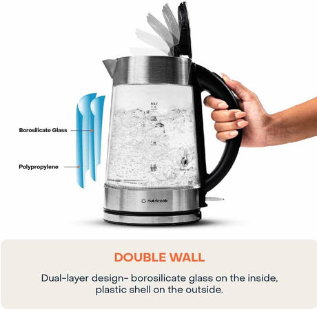 Nutricook Glass Kettle 2200W, 1.7L, Double wall Cool touch exterior, Auto Shut Off, Boil dry Protection, LED Indicator, 360° swivel base, Power Cord Storage - Al Kabayel Discount CentreNutricook Glass Kettle 2200W, 1.7L, Double wall Cool touch exterior, Auto Shut Off, Boil dry Protection, LED Indicator, 360° swivel base, Power Cord StorageElectric KettlesNUTRICOOKAl Kabayel Discount Centre