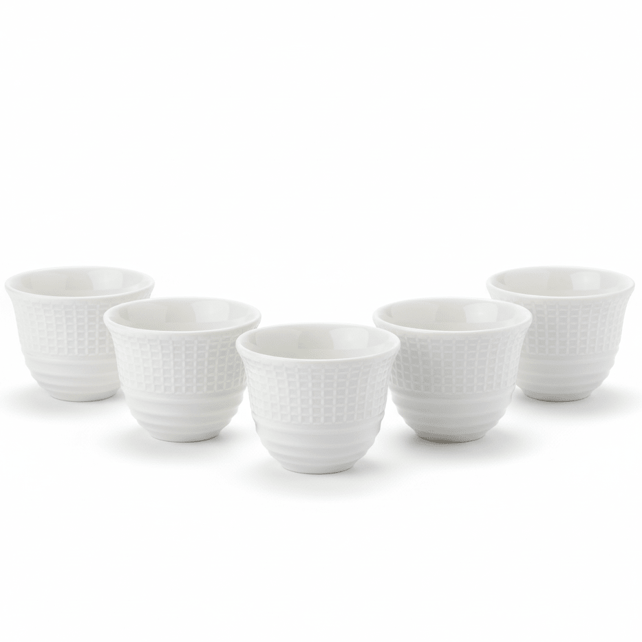 Olive 6pcs White Ceramic Cawa Cup Set with Unique Decorative Design 80ml Compact Mini Cups for Coffee Tea and Everyday Serving Use - Al Kabayel Discount CentreOlive 6pcs White Ceramic Cawa Cup Set with Unique Decorative Design 80ml Compact Mini Cups for Coffee Tea and Everyday Serving UseTea SetsOLIVEAl Kabayel Discount Centre