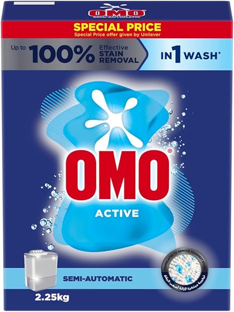 OMO Semi - Automatic Powder Laundry Detergent, Active, up to 100% stain removal in 1 wash*, 2.25 KG - Al Kabayel Discount CentreOMO Semi - Automatic Powder Laundry Detergent, Active, up to 100% stain removal in 1 wash*, 2.25 KGHousehold CleaningOMOAl Kabayel Discount Centre