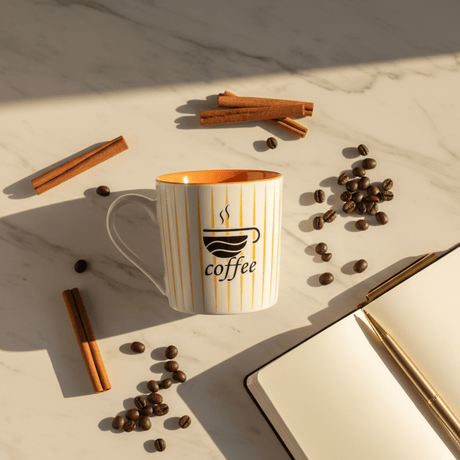 Orange & White Ceramic Coffee Mug — 300ml | Gold Pinstripe Design - Al Kabayel Discount CentreOrange & White Ceramic Coffee Mug — 300ml | Gold Pinstripe DesignMugsAKDCAl Kabayel Discount Centre