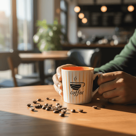 Orange & White Ceramic Coffee Mug — 300ml | Gold Pinstripe Design - Al Kabayel Discount CentreOrange & White Ceramic Coffee Mug — 300ml | Gold Pinstripe DesignMugsAKDCAl Kabayel Discount Centre
