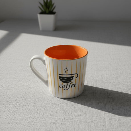 Orange & White Ceramic Coffee Mug — 300ml | Gold Pinstripe Design - Al Kabayel Discount CentreOrange & White Ceramic Coffee Mug — 300ml | Gold Pinstripe DesignMugsAKDCAl Kabayel Discount Centre