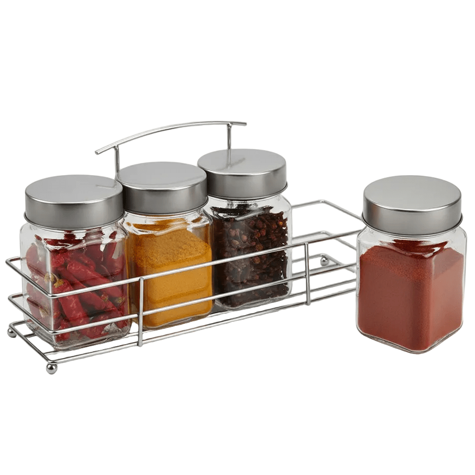 Orchid 4-Piece Glass Spice Jar Set with Chrome Metal Rack - 300ml - Clear Seasoning Containers - Al Kabayel Discount CentreOrchid 4-Piece Glass Spice Jar Set with Chrome Metal Rack - 300ml - Clear Seasoning ContainersKitchen Utensils & GadgetsORCHIDAl Kabayel Discount Centre