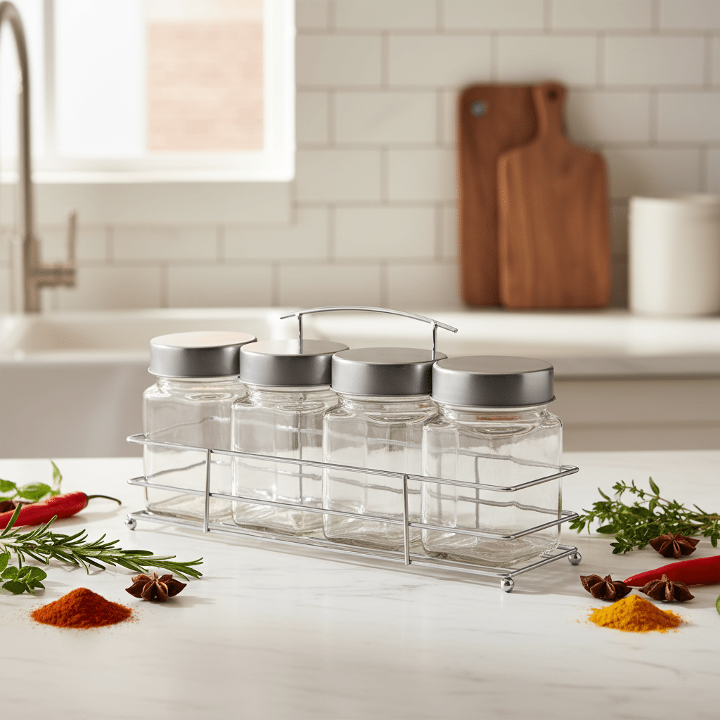 Orchid 4-Piece Glass Spice Jar Set with Chrome Metal Rack - 300ml - Clear Seasoning Containers - Al Kabayel Discount CentreOrchid 4-Piece Glass Spice Jar Set with Chrome Metal Rack - 300ml - Clear Seasoning ContainersKitchen Utensils & GadgetsORCHIDAl Kabayel Discount Centre