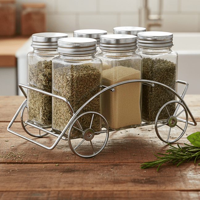 Orchid 6-Piece Glass Spice Jar Set with Chrome Cart Stand - Al Kabayel Discount CentreOrchid 6-Piece Glass Spice Jar Set with Chrome Cart StandKitchen Utensils & GadgetsORCHIDAl Kabayel Discount Centre