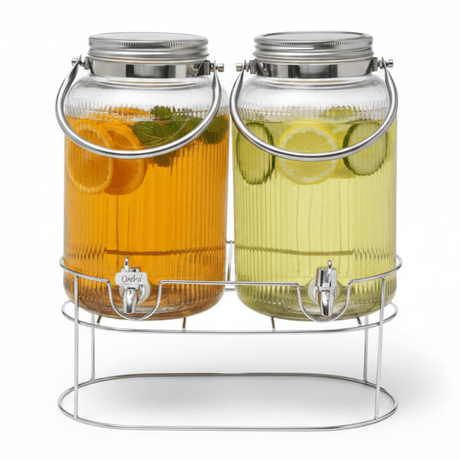 Orchid Glass Beverage Dispenser Set with Metal Stand & Handle — 4L × 2 (8L Total) - Al Kabayel Discount CentreOrchid Glass Beverage Dispenser Set with Metal Stand & Handle — 4L × 2 (8L Total)JugsORCHIDAl Kabayel Discount Centre