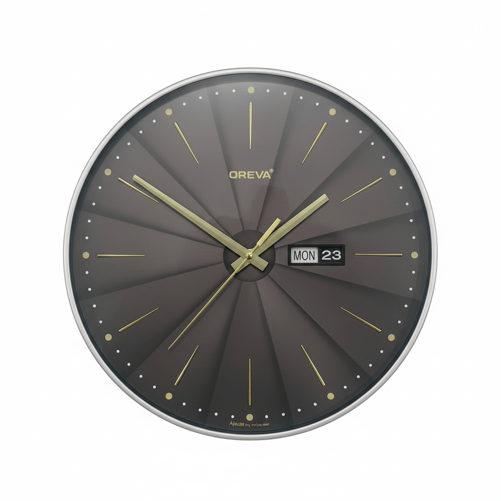 Oreva Premium Wall Clock 40cm – Grey/Black Sunburst Dial with Gold Accents & Day - Date Display | AQ9597 - Al Kabayel Discount CentreOreva Premium Wall Clock 40cm – Grey/Black Sunburst Dial with Gold Accents & Day - Date Display | AQ9597Wall ClocksOREVAAl Kabayel Discount Centre