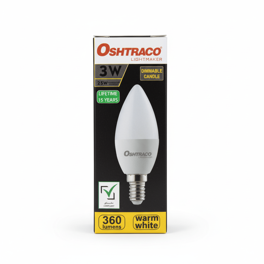 Oshtraco E14 LED Candle Bulb 3W, Warm White, Dimmable Candle - Al Kabayel Discount CentreOshtraco E14 LED Candle Bulb 3W, Warm White, Dimmable CandleLight BulbsOSHTRACOAl Kabayel Discount Centre