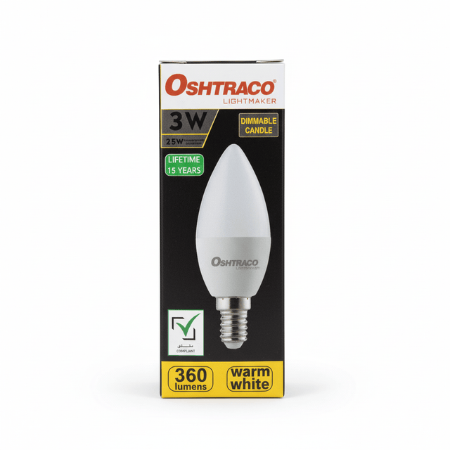 Oshtraco E14 LED Candle Bulb 3W, Warm White, Dimmable Candle - Al Kabayel Discount CentreOshtraco E14 LED Candle Bulb 3W, Warm White, Dimmable CandleLight BulbsOSHTRACOAl Kabayel Discount Centre