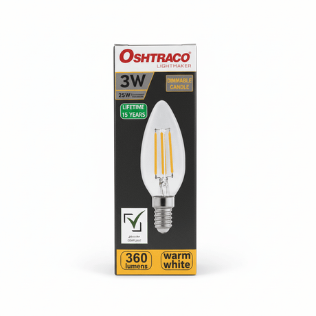 Oshtraco E14 LED Candle Bulb Dimmable Filament 3W, Warm White - Al Kabayel Discount CentreOshtraco E14 LED Candle Bulb Dimmable Filament 3W, Warm WhiteLight BulbsOSHTRACOAl Kabayel Discount Centre