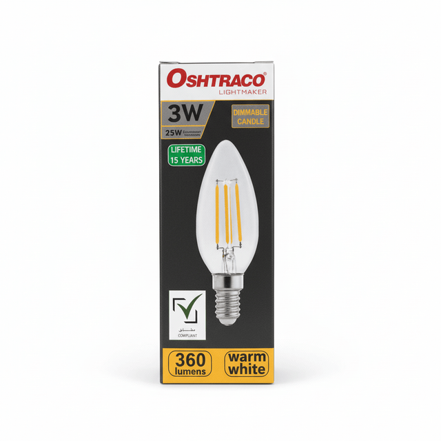 Oshtraco E14 LED Candle Bulb Dimmable Filament 3W, Warm White - Al Kabayel Discount CentreOshtraco E14 LED Candle Bulb Dimmable Filament 3W, Warm WhiteLight BulbsOSHTRACOAl Kabayel Discount Centre