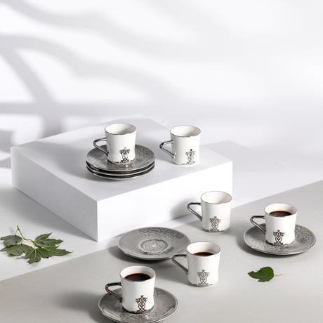 Otantic Naqsh 12pcs Porcelain Turkish Coffee Set, 6pcs Cups 80ml + 6pcs Saucer, Grey/White/Silver, ET2948 - Al Kabayel Discount CentreOtantic Naqsh 12pcs Porcelain Turkish Coffee Set, 6pcs Cups 80ml + 6pcs Saucer, Grey/White/Silver, ET2948Tea SetsOTANTIKAl Kabayel Discount Centre