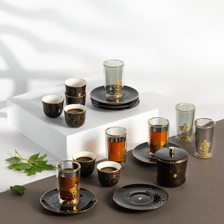 Otantic Naqsh 19pcs Tea & Arabic Coffee Set, 6pcs Double Glass Cups 130ml + 6pc Saucers + 6pcs Arabic Coffee Cup 80ml +1pc Sugar Pot 250ml, Black/Gold, ET2944 - Al Kabayel Discount CentreOtantic Naqsh 19pcs Tea & Arabic Coffee Set, 6pcs Double Glass Cups 130ml + 6pc Saucers + 6pcs Arabic Coffee Cup 80ml +1pc Sugar Pot 250ml, Black/Gold, ET2944Tea SetsOTANTIKAl Kabayel Discount Centre