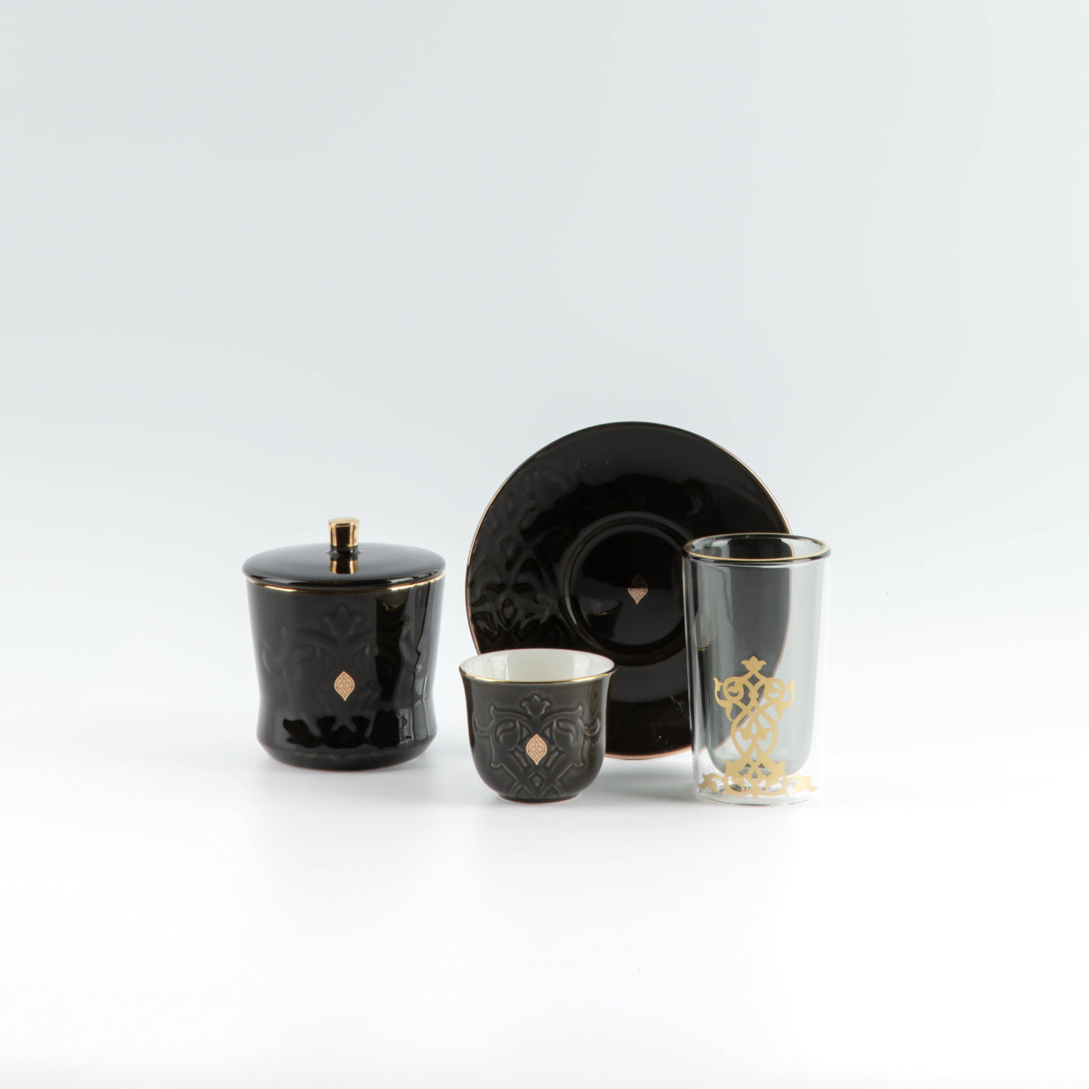 Otantic Naqsh 19pcs Tea & Arabic Coffee Set, 6pcs Double Glass Cups 130ml + 6pc Saucers + 6pcs Arabic Coffee Cup 80ml +1pc Sugar Pot 250ml, Black/Gold, ET2944 - Al Kabayel Discount CentreOtantic Naqsh 19pcs Tea & Arabic Coffee Set, 6pcs Double Glass Cups 130ml + 6pc Saucers + 6pcs Arabic Coffee Cup 80ml +1pc Sugar Pot 250ml, Black/Gold, ET2944Tea SetsOTANTIKAl Kabayel Discount Centre