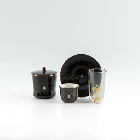 Otantic Naqsh 19pcs Tea & Arabic Coffee Set, 6pcs Double Glass Cups 130ml + 6pc Saucers + 6pcs Arabic Coffee Cup 80ml +1pc Sugar Pot 250ml, Black/Gold, ET2944 - Al Kabayel Discount CentreOtantic Naqsh 19pcs Tea & Arabic Coffee Set, 6pcs Double Glass Cups 130ml + 6pc Saucers + 6pcs Arabic Coffee Cup 80ml +1pc Sugar Pot 250ml, Black/Gold, ET2944Tea SetsOTANTIKAl Kabayel Discount Centre