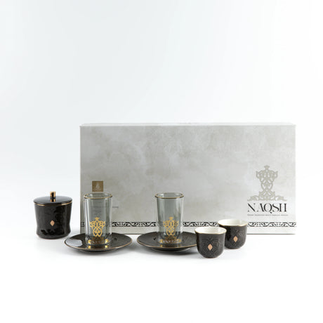 Otantic Naqsh 19pcs Tea & Arabic Coffee Set, 6pcs Double Glass Cups 130ml + 6pc Saucers + 6pcs Arabic Coffee Cup 80ml +1pc Sugar Pot 250ml, Black/Gold, ET2944 - Al Kabayel Discount CentreOtantic Naqsh 19pcs Tea & Arabic Coffee Set, 6pcs Double Glass Cups 130ml + 6pc Saucers + 6pcs Arabic Coffee Cup 80ml +1pc Sugar Pot 250ml, Black/Gold, ET2944Tea SetsOTANTIKAl Kabayel Discount Centre