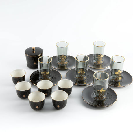 Otantic Naqsh 19pcs Tea & Arabic Coffee Set, 6pcs Double Glass Cups 130ml + 6pc Saucers + 6pcs Arabic Coffee Cup 80ml +1pc Sugar Pot 250ml, Black/Gold, ET2944 - Al Kabayel Discount CentreOtantic Naqsh 19pcs Tea & Arabic Coffee Set, 6pcs Double Glass Cups 130ml + 6pc Saucers + 6pcs Arabic Coffee Cup 80ml +1pc Sugar Pot 250ml, Black/Gold, ET2944Tea SetsOTANTIKAl Kabayel Discount Centre