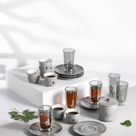 Otantic Naqsh 19pcs Tea & Arabic Coffee Set, 6pcs Double Glass Cups 130ml + 6pc Saucers + 6pcs Arabic Coffee Cup 80ml +1pc Sugar Pot 250ml, Grey/Silver, ET2943 - Al Kabayel Discount CentreOtantic Naqsh 19pcs Tea & Arabic Coffee Set, 6pcs Double Glass Cups 130ml + 6pc Saucers + 6pcs Arabic Coffee Cup 80ml +1pc Sugar Pot 250ml, Grey/Silver, ET2943Tea SetsOTANTIKAl Kabayel Discount Centre