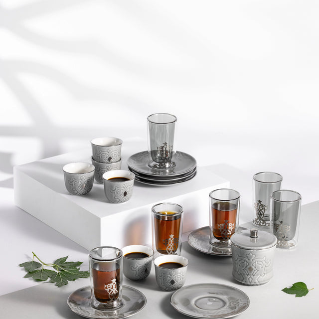Otantic Naqsh 19pcs Tea & Arabic Coffee Set, 6pcs Double Glass Cups 130ml + 6pc Saucers + 6pcs Arabic Coffee Cup 80ml +1pc Sugar Pot 250ml, Grey/Silver, ET2943 - Al Kabayel Discount CentreOtantic Naqsh 19pcs Tea & Arabic Coffee Set, 6pcs Double Glass Cups 130ml + 6pc Saucers + 6pcs Arabic Coffee Cup 80ml +1pc Sugar Pot 250ml, Grey/Silver, ET2943Tea SetsOTANTIKAl Kabayel Discount Centre