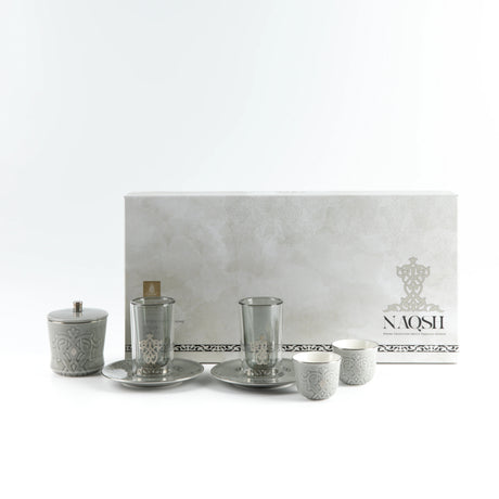 Otantic Naqsh 19pcs Tea & Arabic Coffee Set, 6pcs Double Glass Cups 130ml + 6pc Saucers + 6pcs Arabic Coffee Cup 80ml +1pc Sugar Pot 250ml, Grey/Silver, ET2943 - Al Kabayel Discount CentreOtantic Naqsh 19pcs Tea & Arabic Coffee Set, 6pcs Double Glass Cups 130ml + 6pc Saucers + 6pcs Arabic Coffee Cup 80ml +1pc Sugar Pot 250ml, Grey/Silver, ET2943Tea SetsOTANTIKAl Kabayel Discount Centre