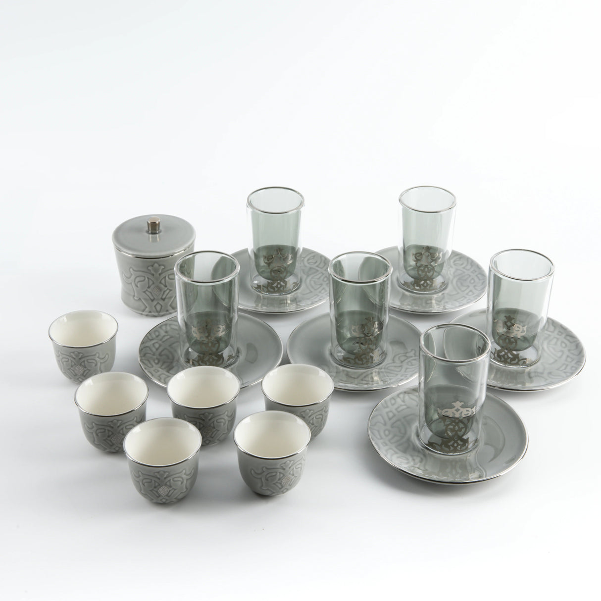 Otantic Naqsh 19pcs Tea & Arabic Coffee Set, 6pcs Double Glass Cups 130ml + 6pc Saucers + 6pcs Arabic Coffee Cup 80ml +1pc Sugar Pot 250ml, Grey/Silver, ET2943 - Al Kabayel Discount CentreOtantic Naqsh 19pcs Tea & Arabic Coffee Set, 6pcs Double Glass Cups 130ml + 6pc Saucers + 6pcs Arabic Coffee Cup 80ml +1pc Sugar Pot 250ml, Grey/Silver, ET2943Tea SetsOTANTIKAl Kabayel Discount Centre
