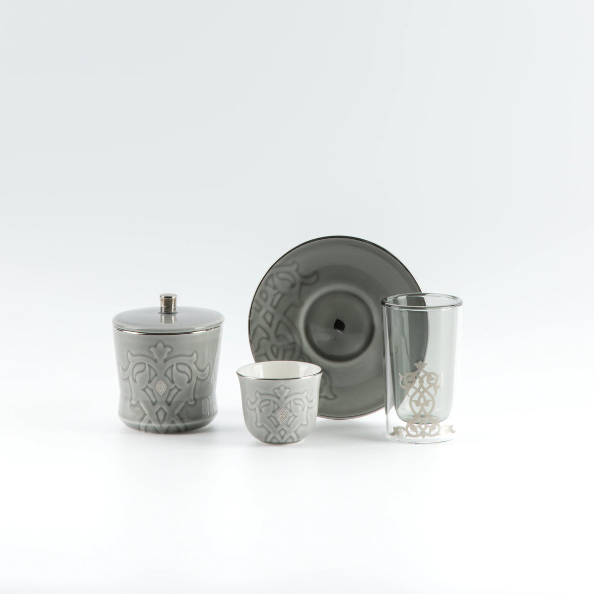 Otantic Naqsh 19pcs Tea & Arabic Coffee Set, 6pcs Double Glass Cups 130ml + 6pc Saucers + 6pcs Arabic Coffee Cup 80ml +1pc Sugar Pot 250ml, Grey/Silver, ET2943 - Al Kabayel Discount CentreOtantic Naqsh 19pcs Tea & Arabic Coffee Set, 6pcs Double Glass Cups 130ml + 6pc Saucers + 6pcs Arabic Coffee Cup 80ml +1pc Sugar Pot 250ml, Grey/Silver, ET2943Tea SetsOTANTIKAl Kabayel Discount Centre