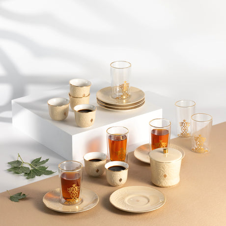 Otantic Naqsh 19pcs Tea & Arabic Coffee Set, 6pcs Double Glass Cups 130ml + 6pc Saucers + 6pcs Arabic Coffee Cup 80ml +1pc Sugar Pot 250ml, Ivory/Gold, ET2942 - Al Kabayel Discount CentreOtantic Naqsh 19pcs Tea & Arabic Coffee Set, 6pcs Double Glass Cups 130ml + 6pc Saucers + 6pcs Arabic Coffee Cup 80ml +1pc Sugar Pot 250ml, Ivory/Gold, ET2942Tea SetsOTANTIKAl Kabayel Discount Centre
