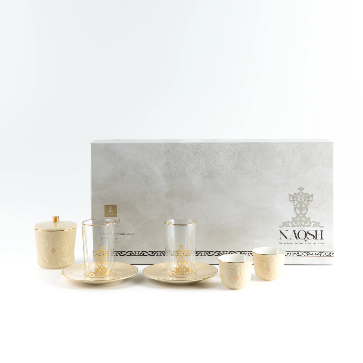 Otantic Naqsh 19pcs Tea & Arabic Coffee Set, 6pcs Double Glass Cups 130ml + 6pc Saucers + 6pcs Arabic Coffee Cup 80ml +1pc Sugar Pot 250ml, Ivory/Gold, ET2942 - Al Kabayel Discount CentreOtantic Naqsh 19pcs Tea & Arabic Coffee Set, 6pcs Double Glass Cups 130ml + 6pc Saucers + 6pcs Arabic Coffee Cup 80ml +1pc Sugar Pot 250ml, Ivory/Gold, ET2942Tea SetsOTANTIKAl Kabayel Discount Centre