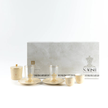 Otantic Naqsh 19pcs Tea & Arabic Coffee Set, 6pcs Double Glass Cups 130ml + 6pc Saucers + 6pcs Arabic Coffee Cup 80ml +1pc Sugar Pot 250ml, Ivory/Gold, ET2942 - Al Kabayel Discount CentreOtantic Naqsh 19pcs Tea & Arabic Coffee Set, 6pcs Double Glass Cups 130ml + 6pc Saucers + 6pcs Arabic Coffee Cup 80ml +1pc Sugar Pot 250ml, Ivory/Gold, ET2942Tea SetsOTANTIKAl Kabayel Discount Centre