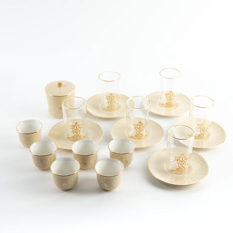 Otantic Naqsh 19pcs Tea & Arabic Coffee Set, 6pcs Double Glass Cups 130ml + 6pc Saucers + 6pcs Arabic Coffee Cup 80ml +1pc Sugar Pot 250ml, Ivory/Gold, ET2942 - Al Kabayel Discount CentreOtantic Naqsh 19pcs Tea & Arabic Coffee Set, 6pcs Double Glass Cups 130ml + 6pc Saucers + 6pcs Arabic Coffee Cup 80ml +1pc Sugar Pot 250ml, Ivory/Gold, ET2942Tea SetsOTANTIKAl Kabayel Discount Centre