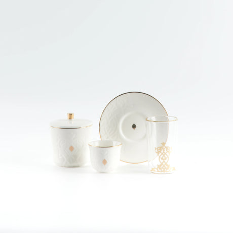 Otantic Naqsh 19pcs Tea & Arabic Coffee Set, 6pcs Double Glass Cups 130ml + 6pc Saucers + 6pcs Arabic Coffee Cup 80ml +1pc Sugar Pot 250ml, White/Gold, ET2940 - Al Kabayel Discount CentreOtantic Naqsh 19pcs Tea & Arabic Coffee Set, 6pcs Double Glass Cups 130ml + 6pc Saucers + 6pcs Arabic Coffee Cup 80ml +1pc Sugar Pot 250ml, White/Gold, ET2940Tea SetsOTANTIKAl Kabayel Discount Centre