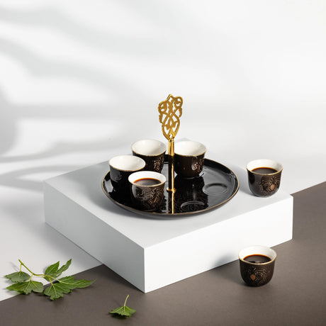 Otantic Naqsh 7pcs Porcelain Arabic Coffee Set, 6pcs Cups 80ml +1pc Standwith Handle, Black/Gold, ET2969 - Al Kabayel Discount CentreOtantic Naqsh 7pcs Porcelain Arabic Coffee Set, 6pcs Cups 80ml +1pc Standwith Handle, Black/Gold, ET2969Tea SetsOTANTIKAl Kabayel Discount Centre
