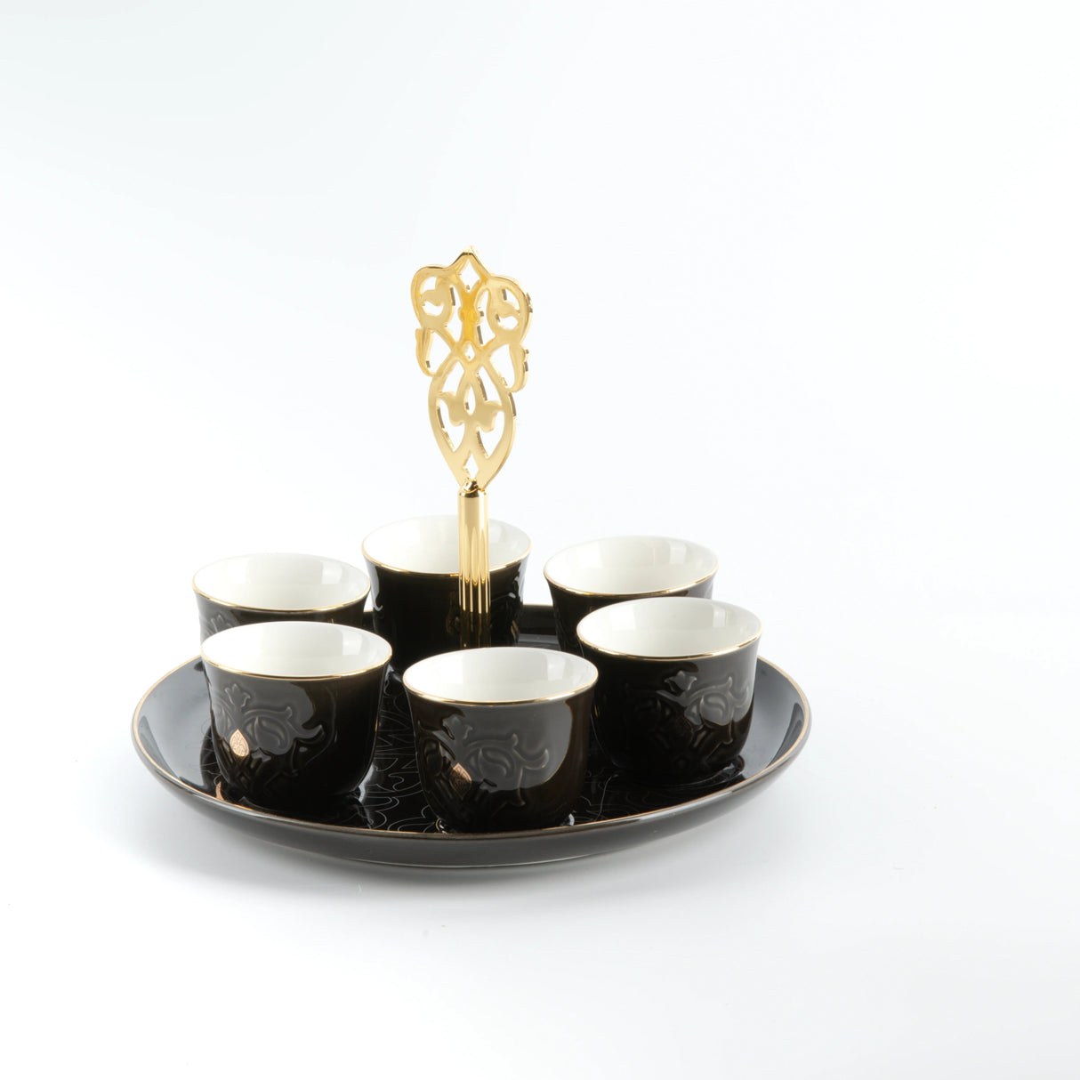 Otantic Naqsh 7pcs Porcelain Arabic Coffee Set, 6pcs Cups 80ml +1pc Standwith Handle, Black/Gold, ET2969 - Al Kabayel Discount CentreOtantic Naqsh 7pcs Porcelain Arabic Coffee Set, 6pcs Cups 80ml +1pc Standwith Handle, Black/Gold, ET2969Tea SetsOTANTIKAl Kabayel Discount Centre