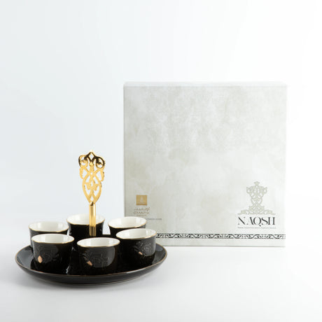 Otantic Naqsh 7pcs Porcelain Arabic Coffee Set, 6pcs Cups 80ml +1pc Standwith Handle, Black/Gold, ET2969 - Al Kabayel Discount CentreOtantic Naqsh 7pcs Porcelain Arabic Coffee Set, 6pcs Cups 80ml +1pc Standwith Handle, Black/Gold, ET2969Tea SetsOTANTIKAl Kabayel Discount Centre