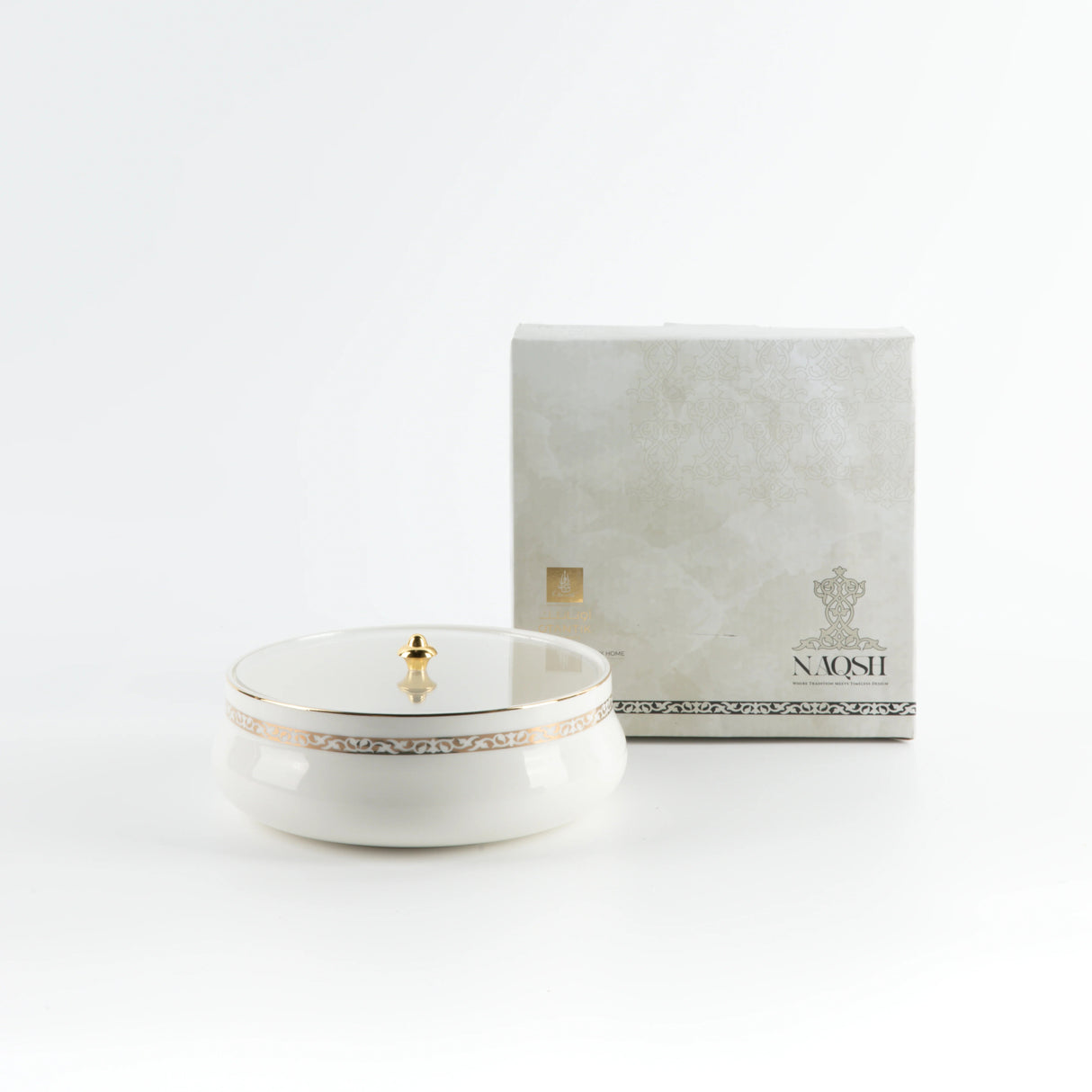 Otantic Naqsh Ceramic Dates Bowl with Lid 17cm*6cm, White/Gold - ET2975 - Al Kabayel Discount CentreOtantic Naqsh Ceramic Dates Bowl with Lid 17cm*6cm, White/Gold - ET2975BowlsOTANTIKAl Kabayel Discount Centre