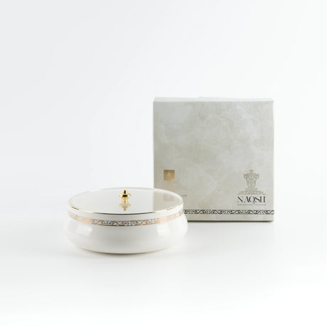 Otantic Naqsh Ceramic Dates Bowl with Lid 17cm*6cm, White/Gold - ET2975 - Al Kabayel Discount CentreOtantic Naqsh Ceramic Dates Bowl with Lid 17cm*6cm, White/Gold - ET2975BowlsOTANTIKAl Kabayel Discount Centre