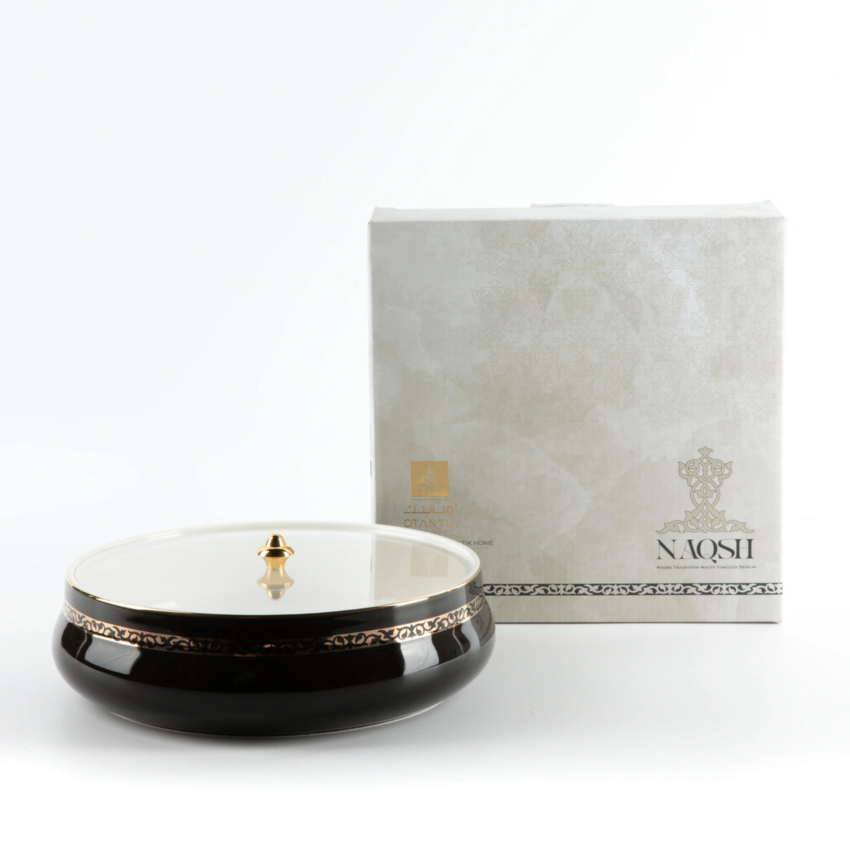 Otantic Naqsh Ceramic Dates Bowl with Lid 23.5cm*6.5cm, Black/Gold - ET2974 - Al Kabayel Discount CentreOtantic Naqsh Ceramic Dates Bowl with Lid 23.5cm*6.5cm, Black/Gold - ET2974BowlsOTANTIKAl Kabayel Discount Centre