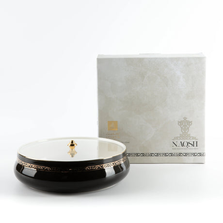 Otantic Naqsh Ceramic Dates Bowl with Lid 23.5cm*6.5cm, Black/Gold - ET2974 - Al Kabayel Discount CentreOtantic Naqsh Ceramic Dates Bowl with Lid 23.5cm*6.5cm, Black/Gold - ET2974BowlsOTANTIKAl Kabayel Discount Centre
