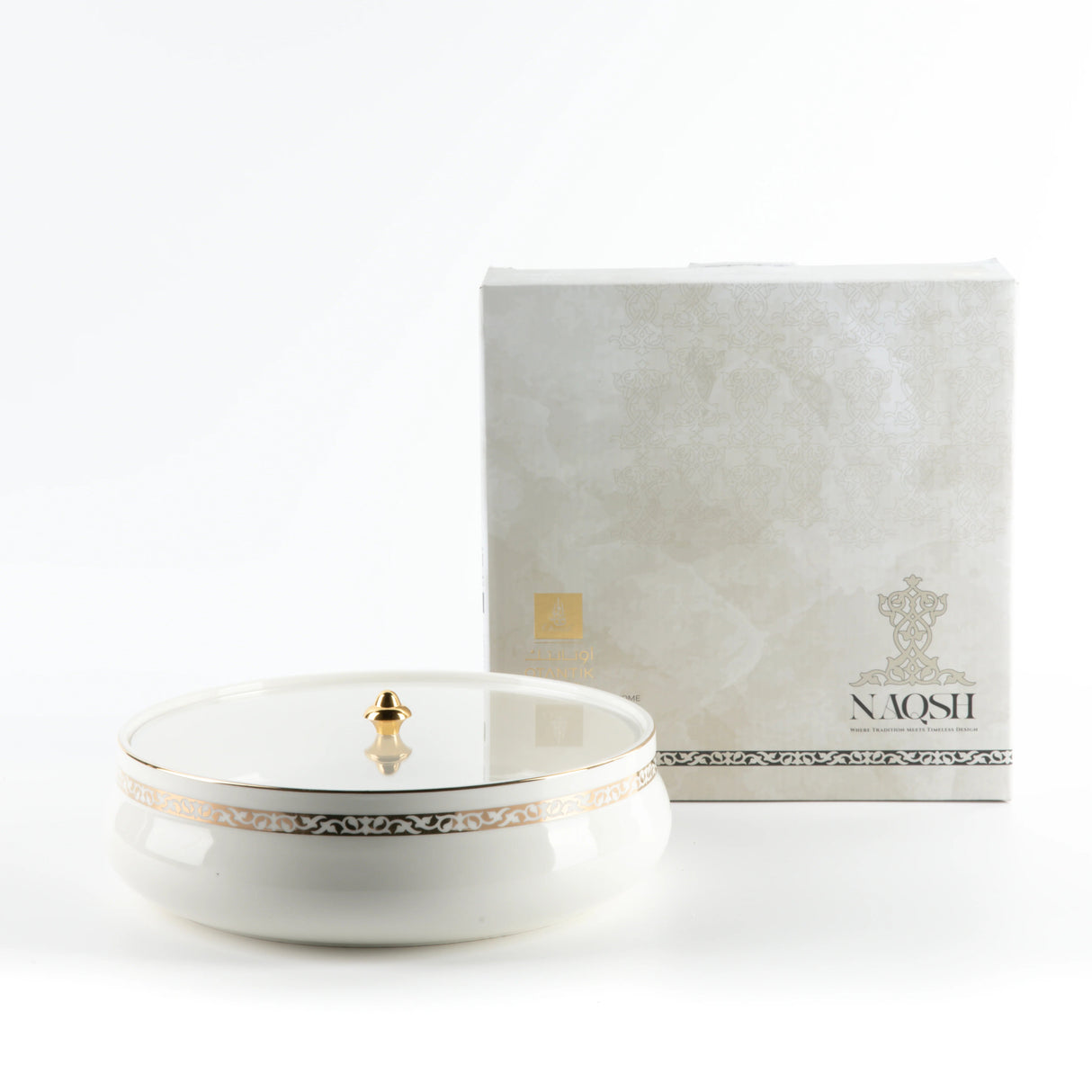 Otantic Naqsh Ceramic Dates Bowl with Lid 23.5cm*6.5cm, White/Gold - ET2970 - Al Kabayel Discount CentreOtantic Naqsh Ceramic Dates Bowl with Lid 23.5cm*6.5cm, White/Gold - ET2970BowlsOTANTIKAl Kabayel Discount Centre