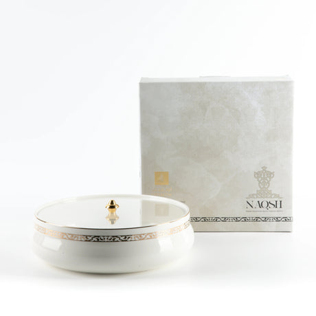 Otantic Naqsh Ceramic Dates Bowl with Lid 23.5cm*6.5cm, White/Gold - ET2970 - Al Kabayel Discount CentreOtantic Naqsh Ceramic Dates Bowl with Lid 23.5cm*6.5cm, White/Gold - ET2970BowlsOTANTIKAl Kabayel Discount Centre