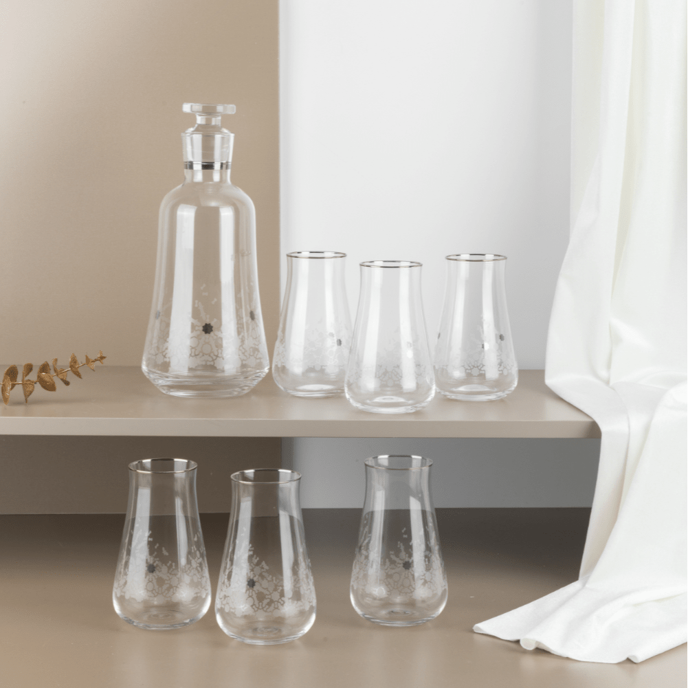 Otantik Juice Serving Set 7 Pcs From Nourhan - Silver Swj1007 - 1 Pcs Glass Bottle +6 Pcs Tall Glass Cups - Al Kabayel Discount CentreOtantik Juice Serving Set 7 Pcs From Nourhan - Silver Swj1007 - 1 Pcs Glass Bottle +6 Pcs Tall Glass CupsDrinkware SetsOTANTIKAl Kabayel Discount Centre