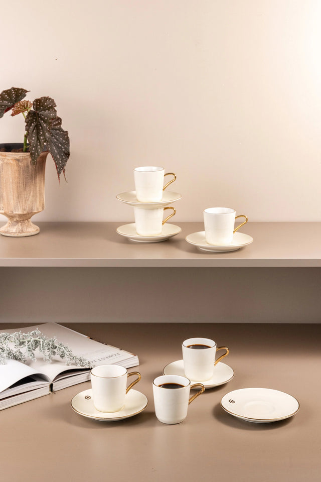 Otantik Mirral Luxury 12 - Piece Turkish Coffee Cup & Saucer Set – White with Gold Accent 115CC - Al Kabayel Discount CentreOtantik Mirral Luxury 12 - Piece Turkish Coffee Cup & Saucer Set – White with Gold Accent 115CCTea SetsOTANTIKAl Kabayel Discount Centre