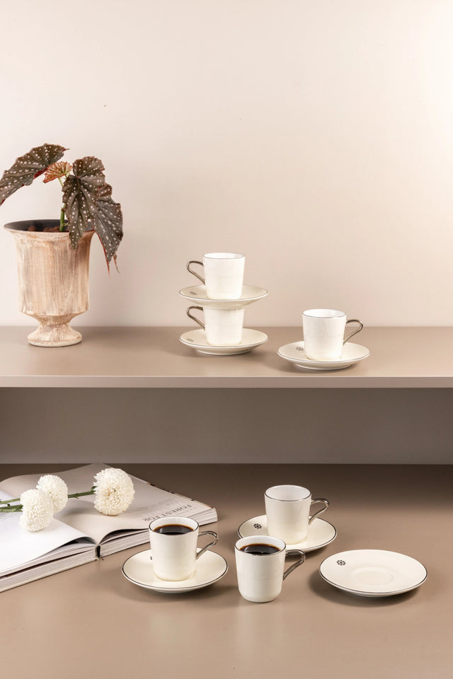 Otantik Mirral Luxury 12 - Piece Turkish Coffee Cup & Saucer Set – White with Silver Accent 115CC - Al Kabayel Discount CentreOtantik Mirral Luxury 12 - Piece Turkish Coffee Cup & Saucer Set – White with Silver Accent 115CCTea SetsOTANTIKAl Kabayel Discount Centre
