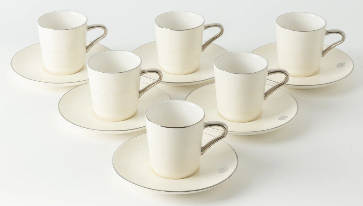 Otantik Mirral Luxury 12 - Piece Turkish Coffee Cup & Saucer Set – White with Silver Accent 115CC - Al Kabayel Discount CentreOtantik Mirral Luxury 12 - Piece Turkish Coffee Cup & Saucer Set – White with Silver Accent 115CCTea SetsOTANTIKAl Kabayel Discount Centre