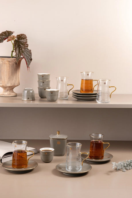 Otantik Mirral Luxury 19 - Piece Arabic Tea & Coffee Serving Set – Grey & Gold Porcelain Collection - Al Kabayel Discount CentreOtantik Mirral Luxury 19 - Piece Arabic Tea & Coffee Serving Set – Grey & Gold Porcelain CollectionTea SetsOTANTIKAl Kabayel Discount Centre