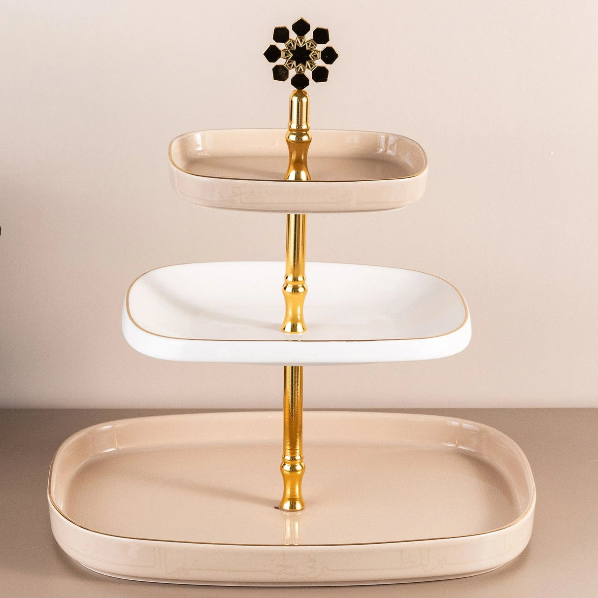 Otantik Mirral Luxury 3 - Tier Porcelain Dessert & Cake Stand – Beige with Gold Finish (30*32 cm) - Al Kabayel Discount CentreOtantik Mirral Luxury 3 - Tier Porcelain Dessert & Cake Stand – Beige with Gold Finish (30*32 cm)Serving TraysOTANTIKAl Kabayel Discount Centre